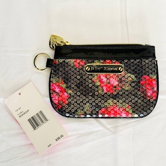 BETSEY JOHNSON Sequin Black & Red Roses Coin Purse Pouch NWT - Picture 6 of 10